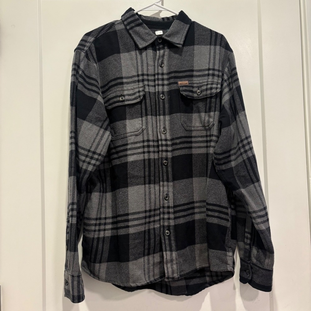 Orvis Mens Grey Black Plaid Flannel Button Down Shirt Long Sleeve Size S